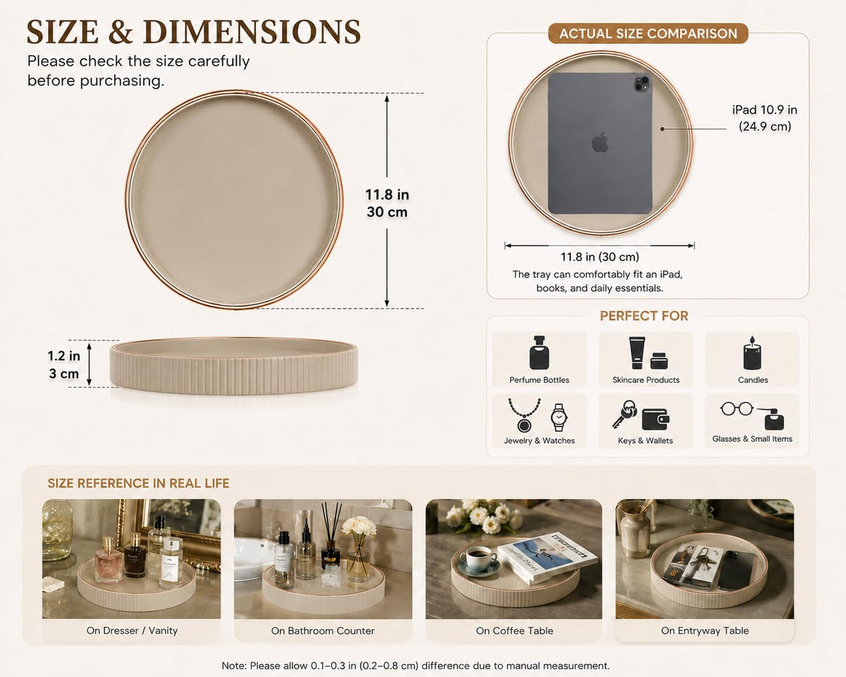KINGFOM Round Decorative Tray, PU Leather Vanity Tray Organizer with Gold Trim for Dresser, Coffee Table & Bathroom Counter, Modern Home Decor Jewelry & Perfume Tray for Men Women (Beige)