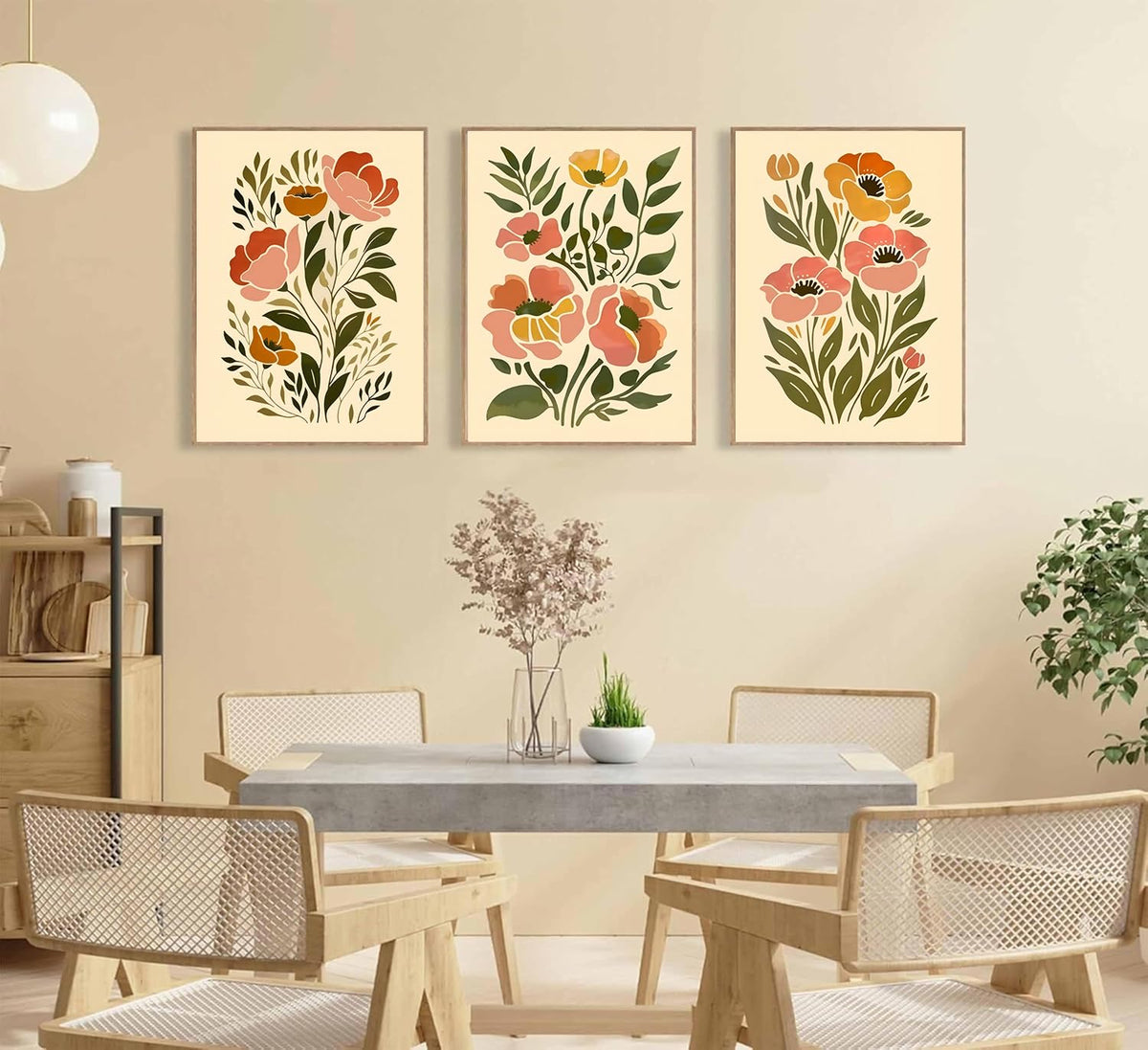 SFXYRTAH 3Pcs Boho Floral Wall Art Abstract Botanical Flower Posters Neutral Beige Green Minimalist Plant Prints for Living Room Bedroom Office Home Decor Unframed (12x16in posters)