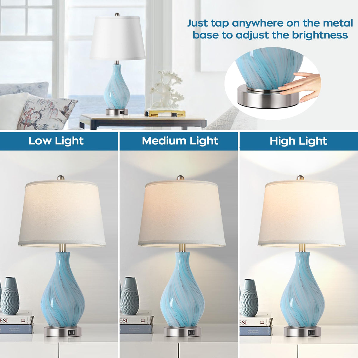 Modern Accent Table Lamp Set of 2 Touch Control, 22" Faded Swirl Blue Gray Art Glass Bedside Lamp with USB Ports, 3-Way Dimmable Hand Crafted Nightstand Lamps White Drum Shade for Living Room Bedroom