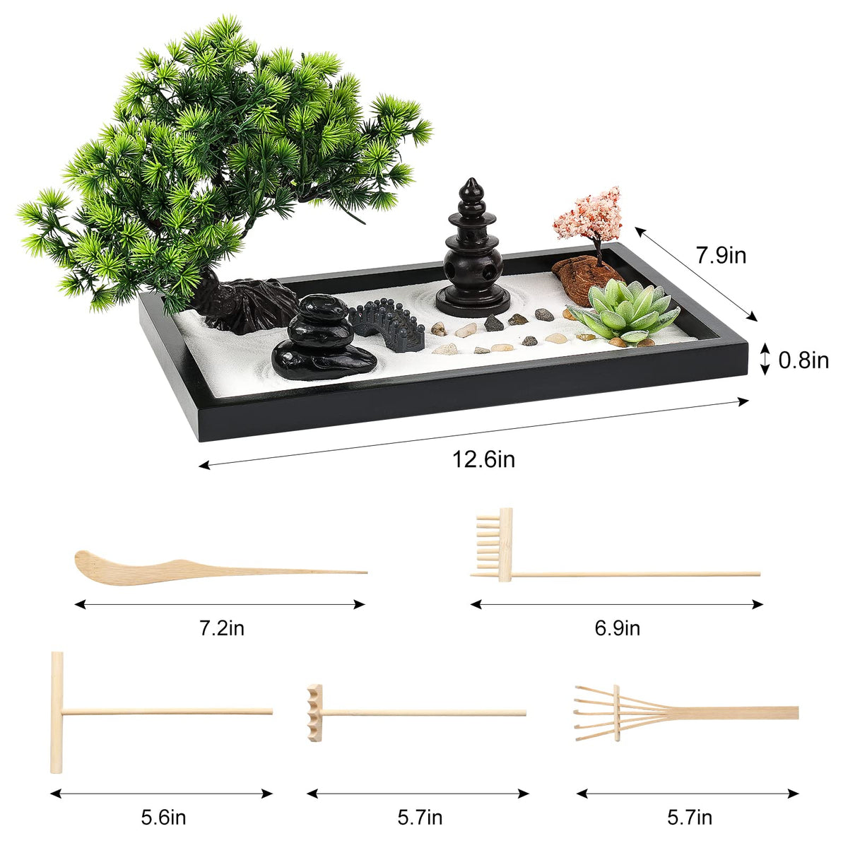 Zen Garden Kit for Desk Decor - Premium Beautiful Japanese Mini Sand Box Set Home, Office with Black Wooden Tray, White Sand, Rake Tools Desktop Meditation, Therapy and Accessories
