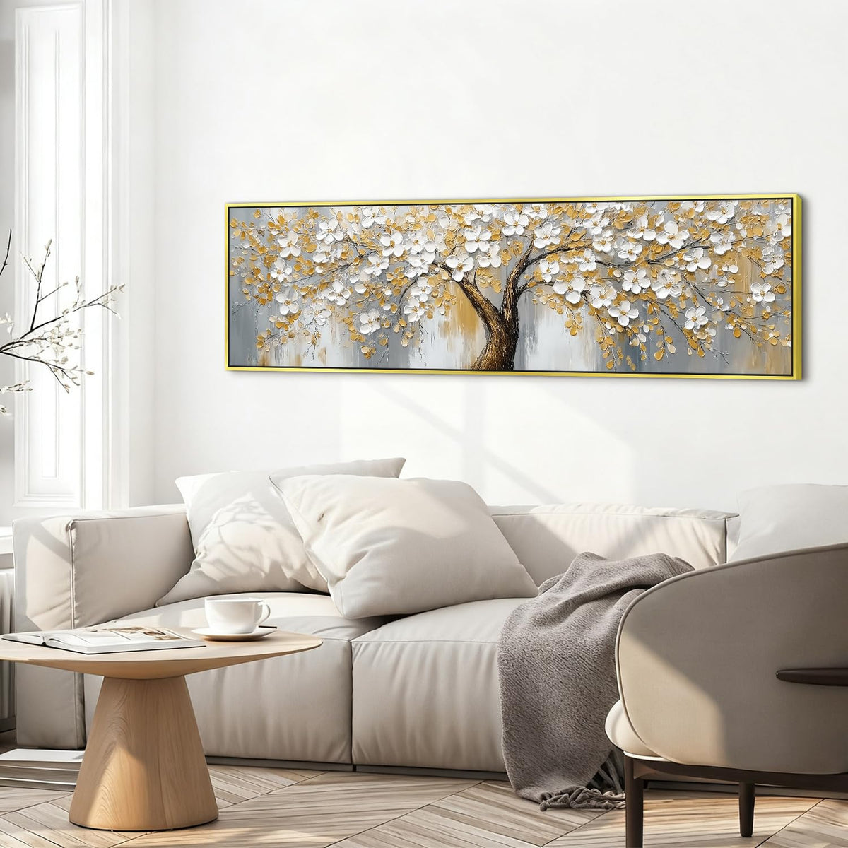 Abstract Tree Canvas Wall Art Gold Framed Modern Office Decorations,Yellow Gray Wall Decor Nature Blossom Flowers Trees Scenery Painting Poster Modern Artwork for Bedroom Home Decorations 14x48”