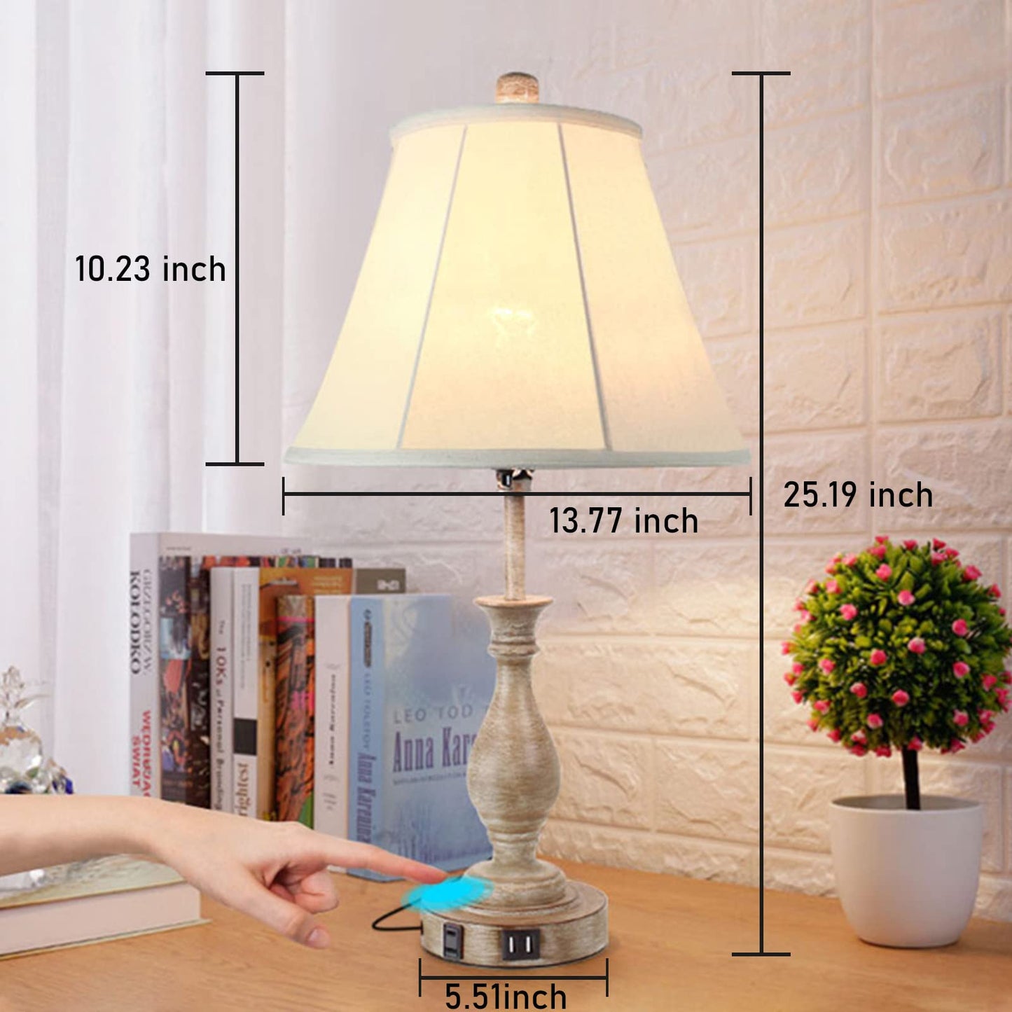 LALISU Farmhouse Table Lamp Touch Control 3-Way Dimmable Table Lamp, Modern Nightstand Lamp with 2 USB Port Bedside Desk Lamp with Fabric Shade for Living Room Bedroom Hotel (Pack 1-Beige Shade)
