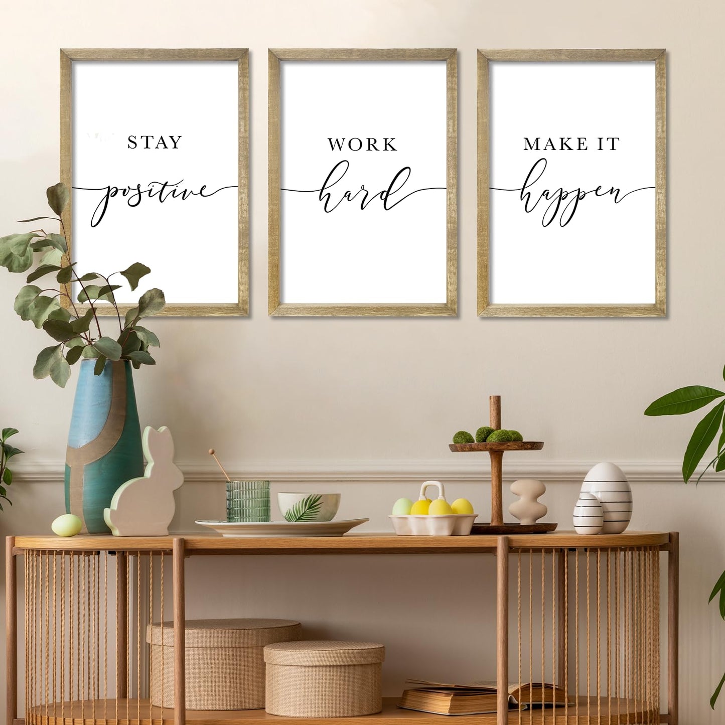 RLWangChao Inspirational Quotes Wall Art Decor 11"X16" 3 Piece Modren Office Stay Positive Work Hard Make It Happen Motivational Wood Framed Sign Living Room Positive Wall Hanging Decoration (Wood)