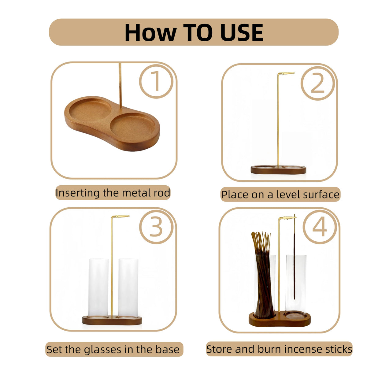 Moocervi Incense Holder,2 in 1 Incense Sticks Burner Holder with Storage,Hang Upside Down Incense Holder for Sticks with Glass Ash Catcher for Meditation Yoga Spa Room Decor (Brown)