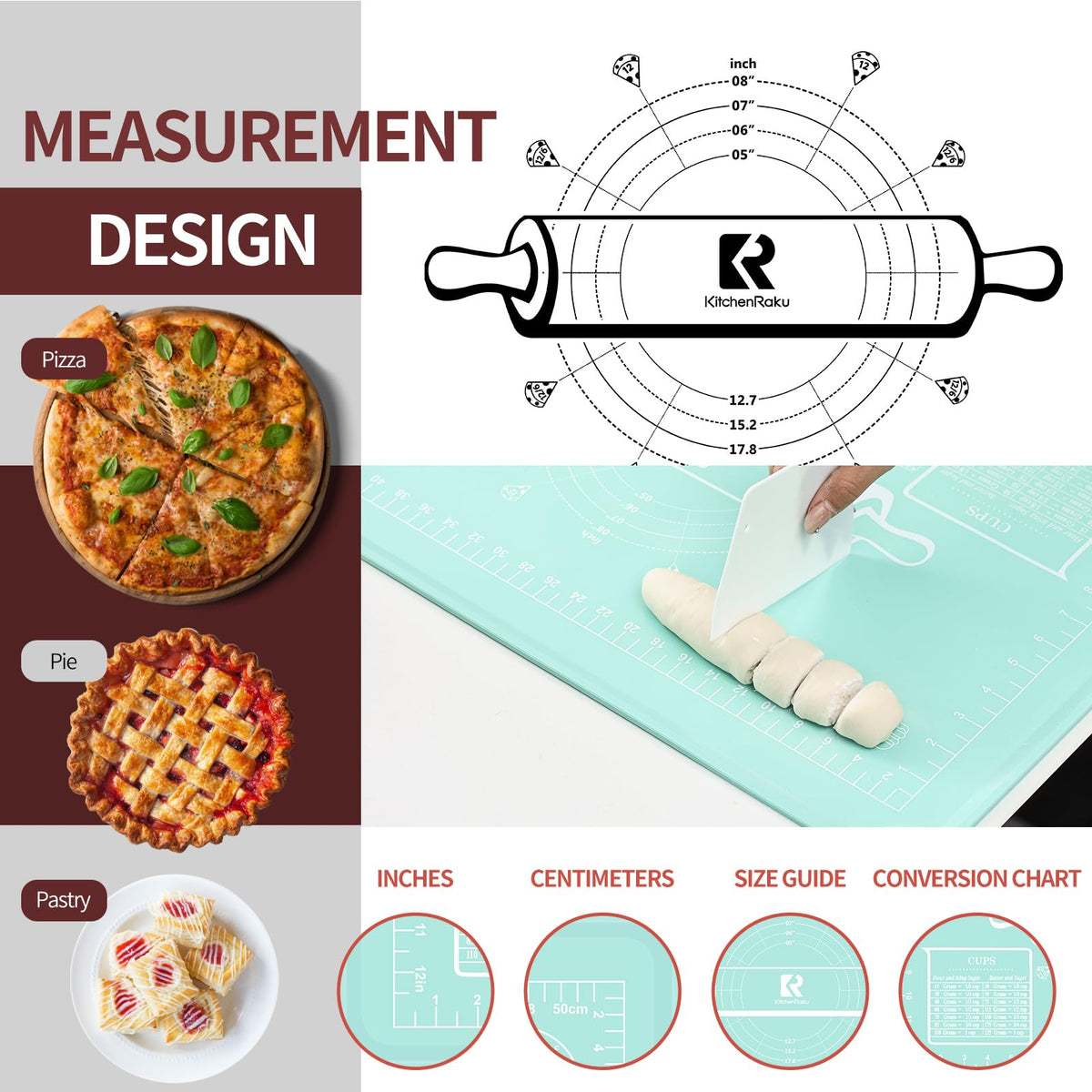 Silicone Baking Mat 20"L x 28"W, Extra Thick Dough Rolling Pad with Measurements and Edge Heightening, Non-stick Food Grade Silicone Pastry Mat for Pastry, Bread, Cookies