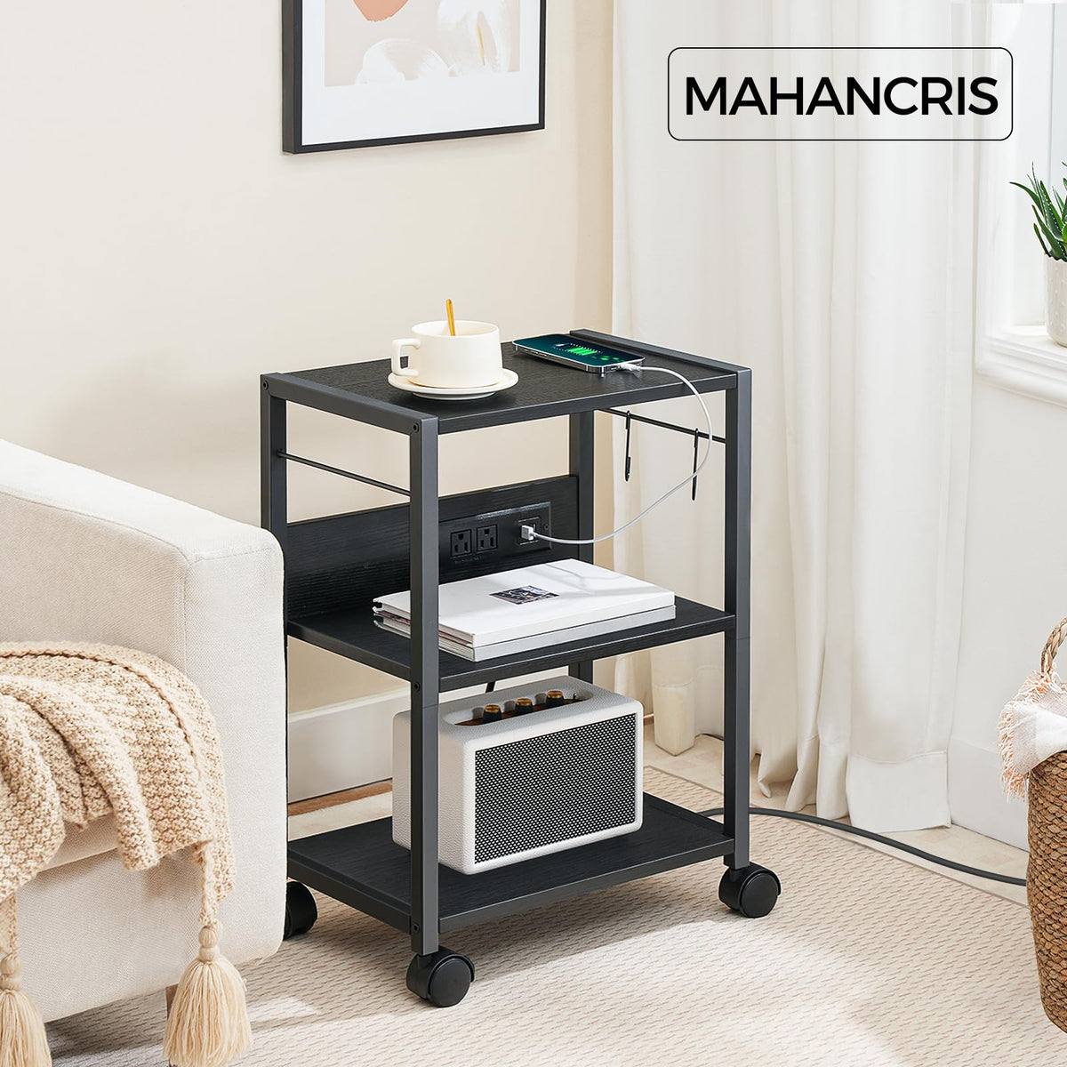 MAHANCRIS Industrial Printer Cart, 3-Tier Mobile Printer Stand, Rolling Cart with Power Outlets and USB Ports, Home Printer Stand with 2 Hooks, for Office, Living Room, Black PTHB40E01