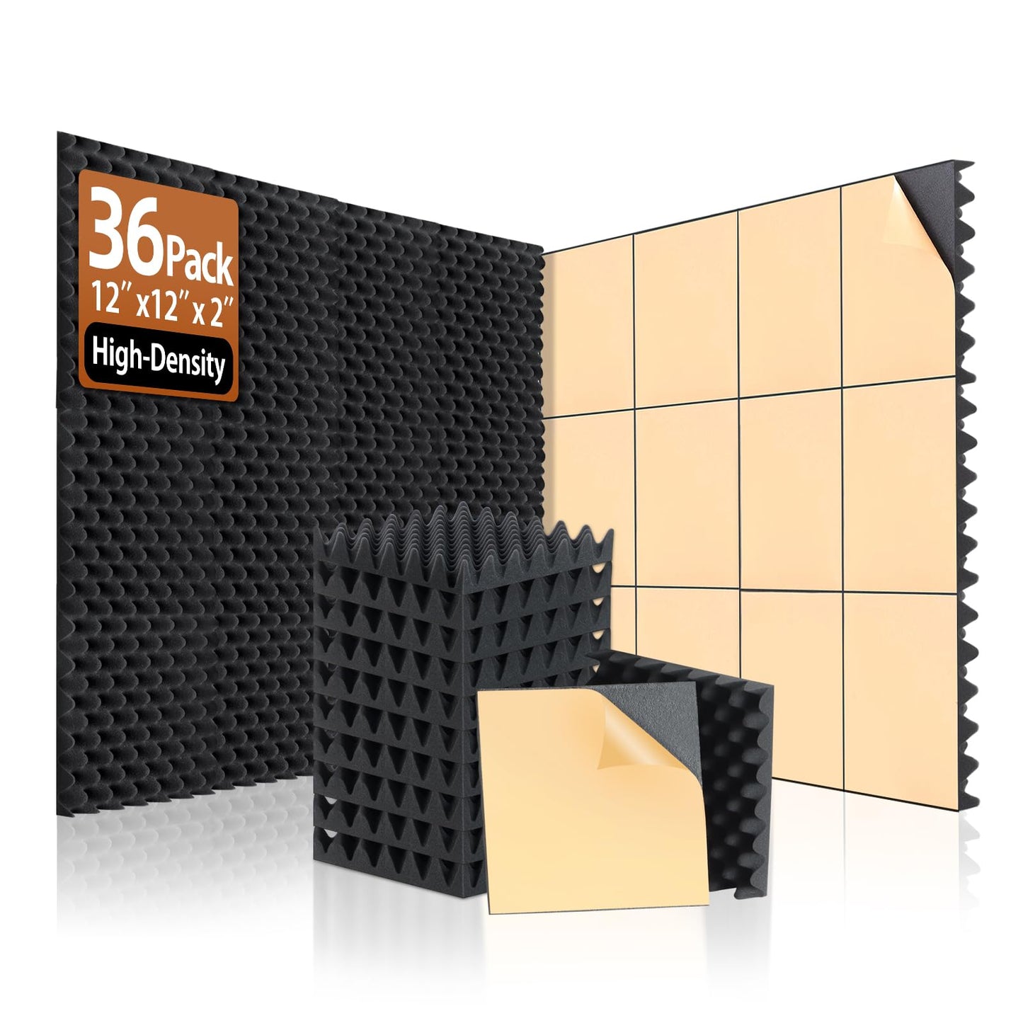 SD SODOCT 36 Pack Acoustic Foam Panels with Self Adhesive 12" X 12" X 2" Sound Proof Foam Panels for Walls High Density Egg-Crate Soundproof Wall Panels for Studio Office Gaming Room