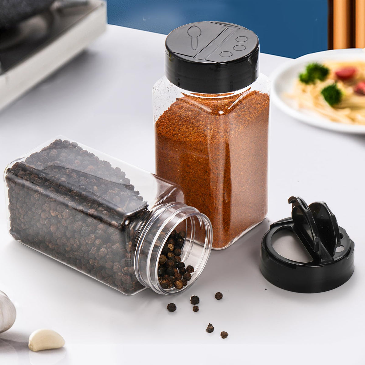 Bekith 16 Pack 9 oz Plastic Spice Jars with Black Cap, Plastic Spice Bottles Empty Seasoning Containers for Storing Spice, Herbs and Powders