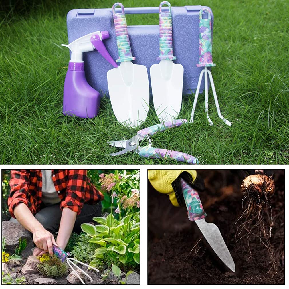 Gardening Tools,5 Pieces Garden Tools with Floral Print, Ergonomic Handle Trowel Rake Weeder Pruner Shears Sprayer,Gardening Supplies with Carrying Case Gifts for Women