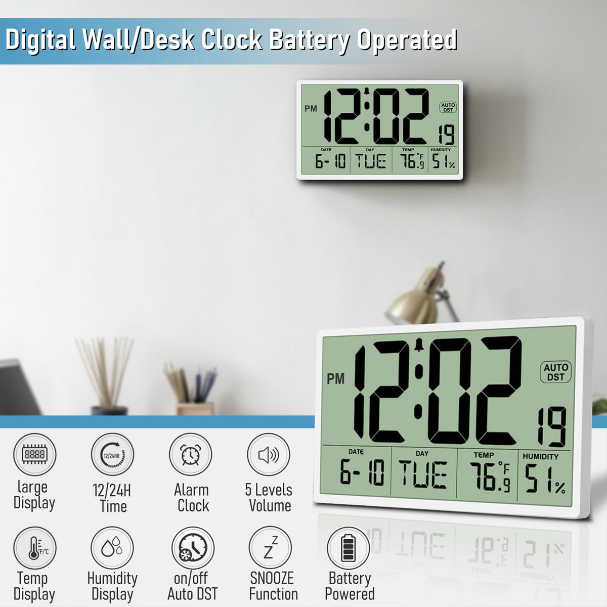 9‘’ Narrow Bezels Battery Operated Digital Wall Clock with Temperature and Humidity - Auto DST, Large 2⅝'' Digits, 5-Level Volume Alarm (3 AA Included) - Wall Mount/Desktop for Office Bedroom Kitchen