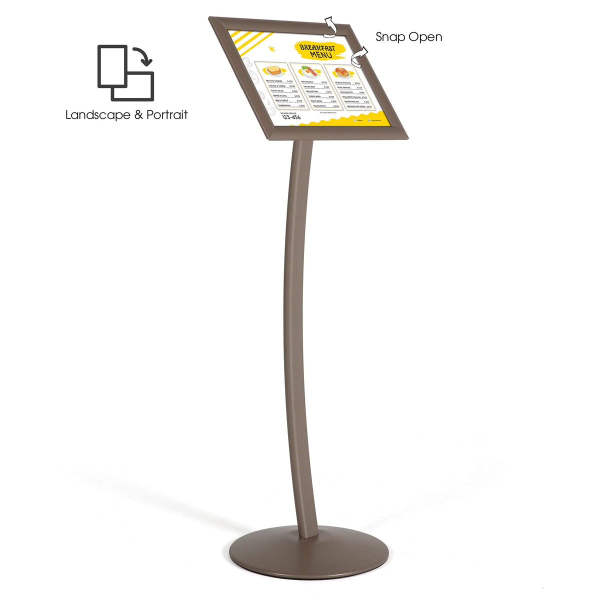 M&T Displays Curved Menu Board, 11x17 Pedestal Sign Holder Earth Color Floor Standing Aluminum Front Loading Easy Open Poster Message Advertisement Holder For Restaurant Cafe Hotel
