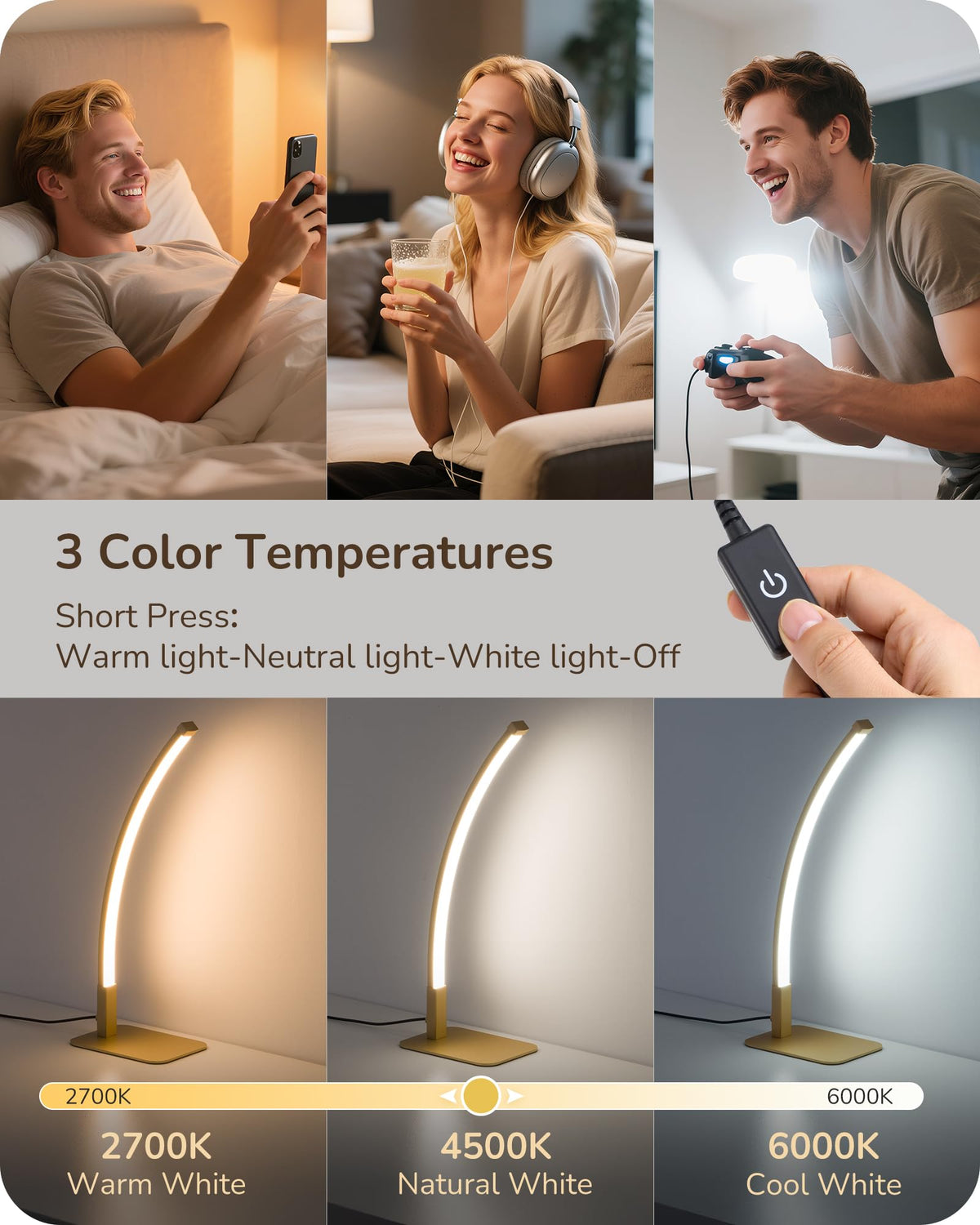 EDISHINE Curved LED Table Lamp, Modern Bedside Lamp with 3 Color Temperature & Stepless Dimming, Aluminum & Iron, Nightstand Lamp for Bedroom, Living Room, Gold