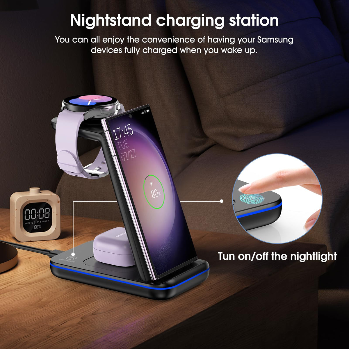 Wireless Charging Station for Samsung/Android, Fast Wireless Watch Charger Station Compatible for Samsung Galaxy S25 Ultra/S24/S23+/Z Flip 7/6 Fold 7/6, Watch8/7/Pro/Active 2 Galaxy Buds3/2 Pro(Black)