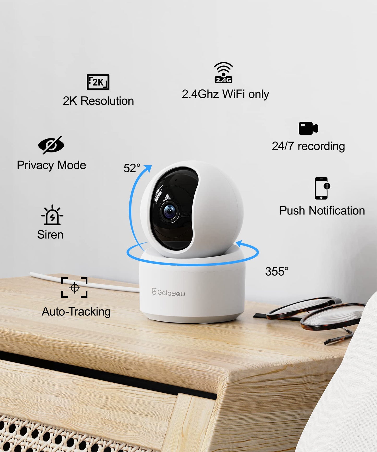 GALAYOU Indoor Security Camera 2K, Pet Camera, 360 Degree 2.4G WiFi Home Security Camera for Baby/Elder/Nanny with Night Vision, 24/7 SD Card Storage, Works with Alexa and Google Assistant G2-2Pack