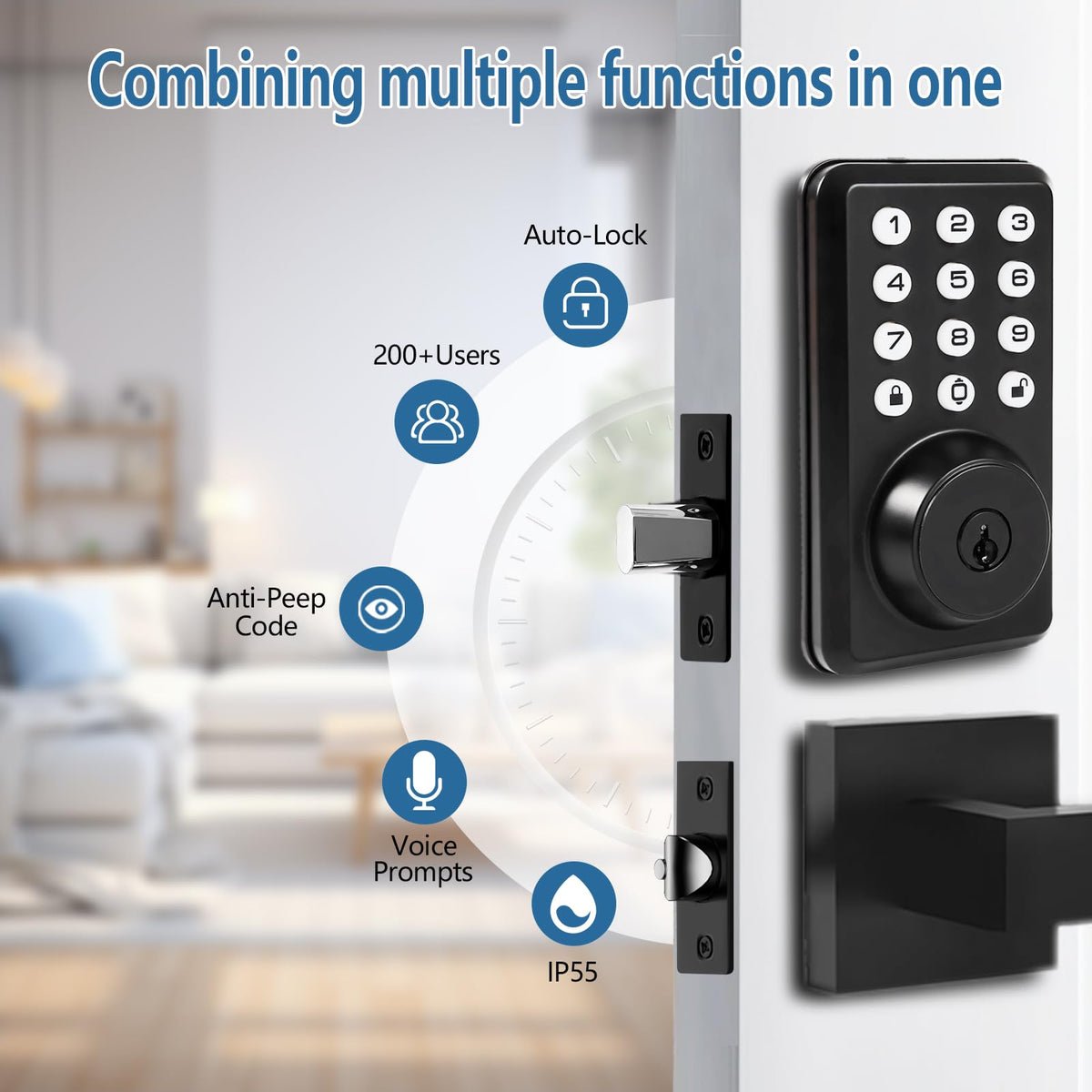 Front Door Handle and Deadbolt Set, Keyless Entry Door Lock Deadbolt with Doorbell, Electronic Keypad, Voice Prompt, Auto Lock, Anti-Peeping Password, Digital Code Door Lock, Matte Black