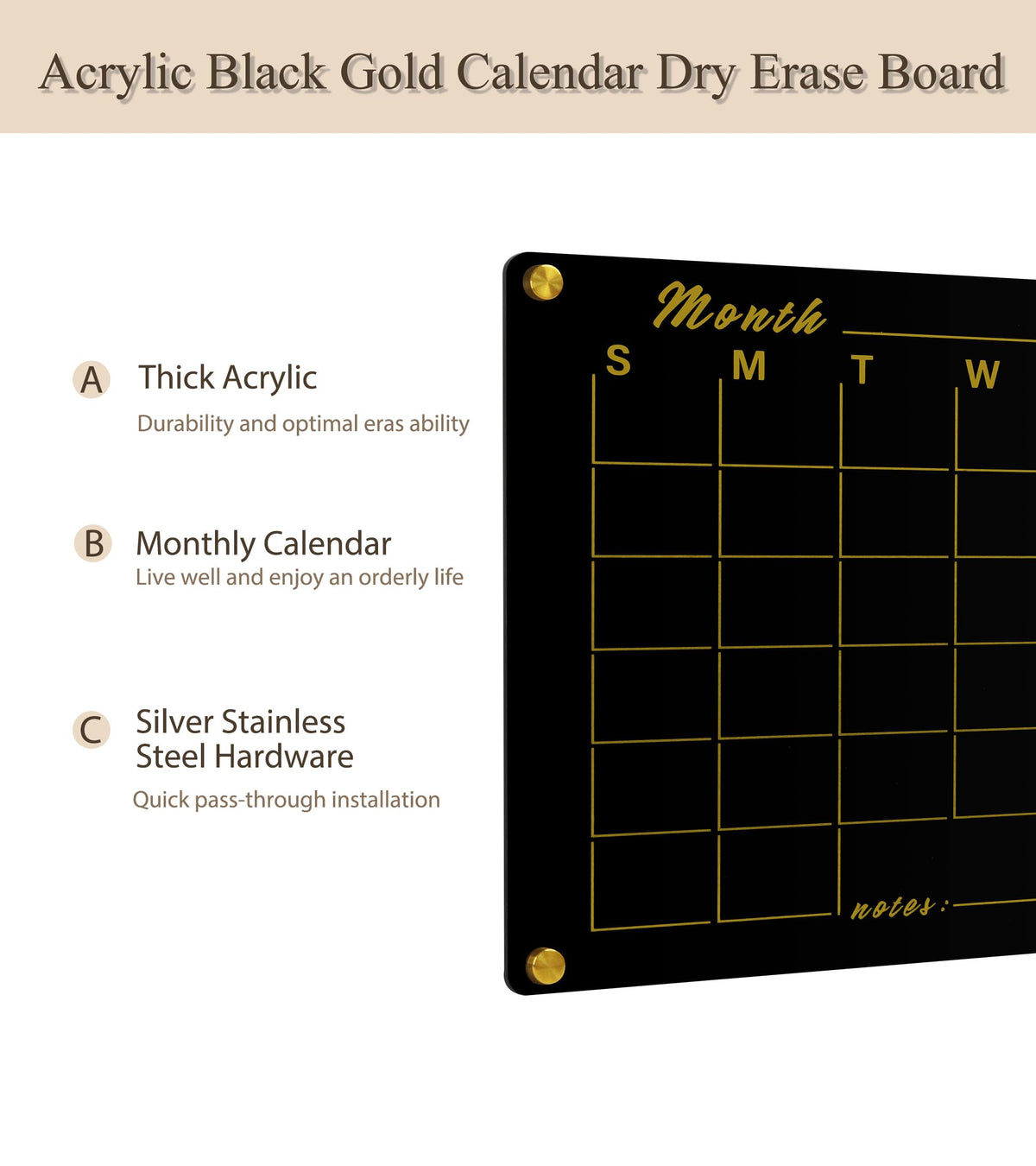 Marribol Black Acrylic Calendar Whiteboard for Wall,16’’x12’’,Dry Erase Calendar for Home,Office
