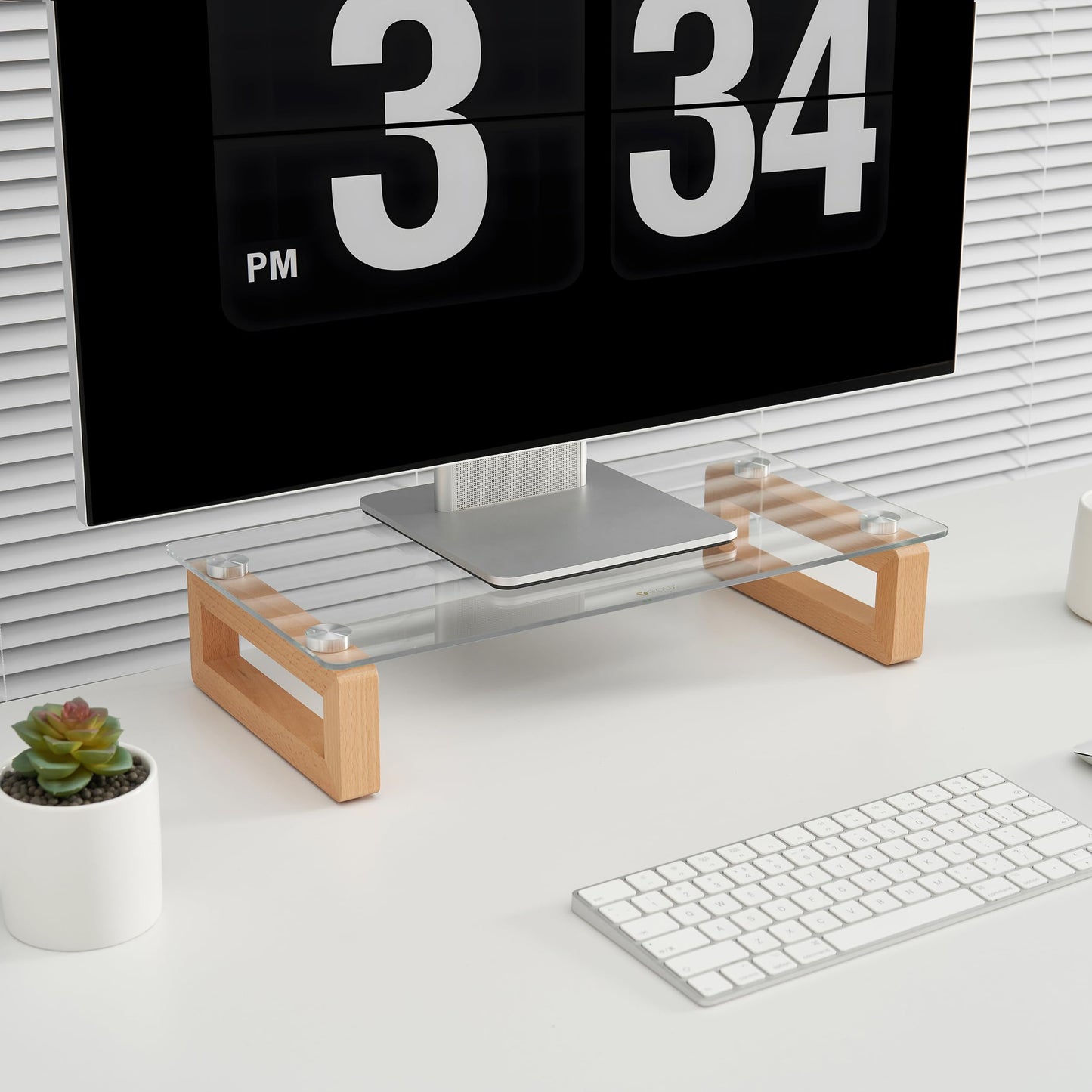 YEOUX Multi-Purpose Desktop Stand, Clear Floating Computer Monitor Riser with Natural Wood Base, Desk Organization Shelf for Printer, Laptop, Audio Device, Flat Screen
