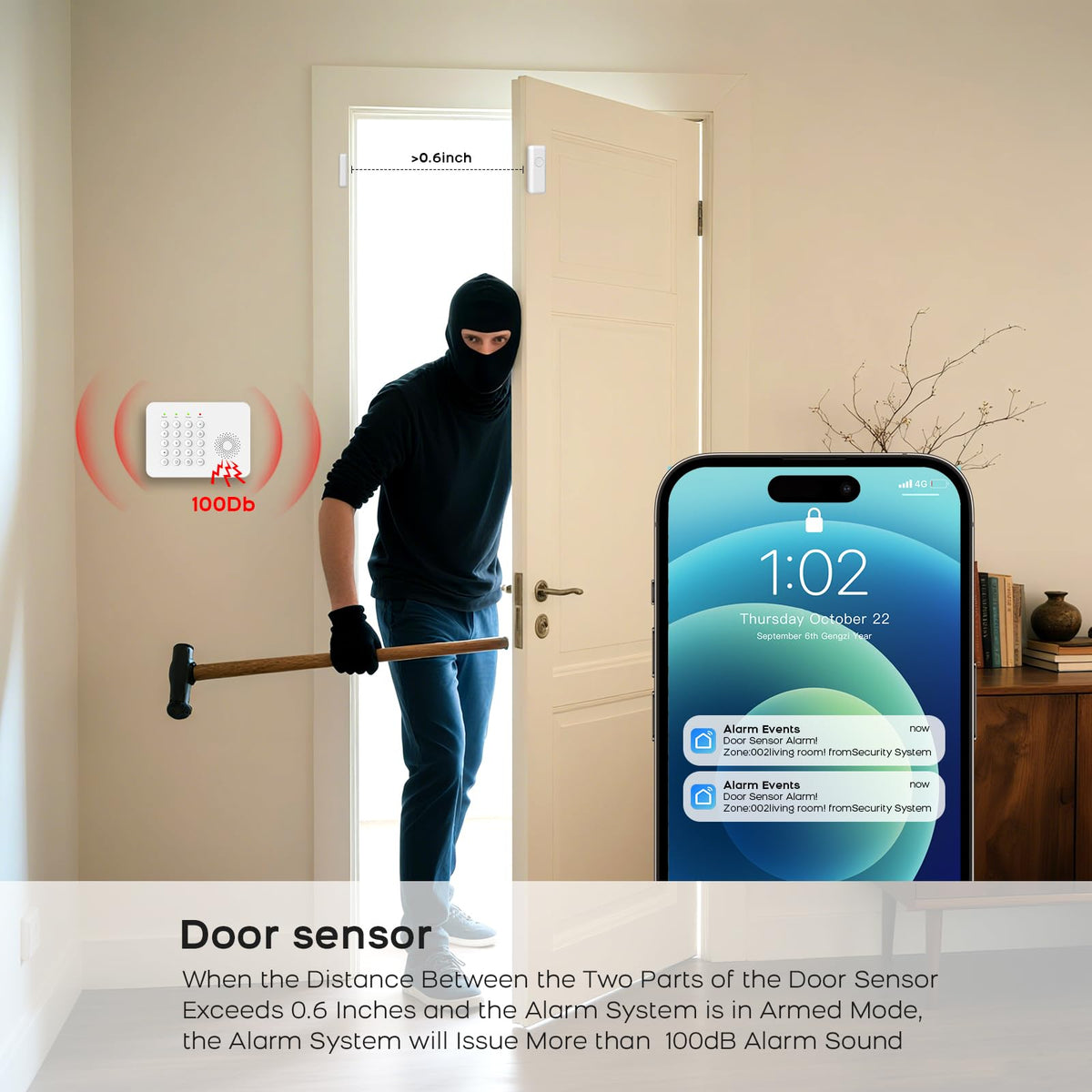 YBJ Alarm System for Home Security,DIY Wireless Home Alarm System with Door and Motion Sensors,Smart Keypad,No Subscription Fee (20-Piece-Kit)