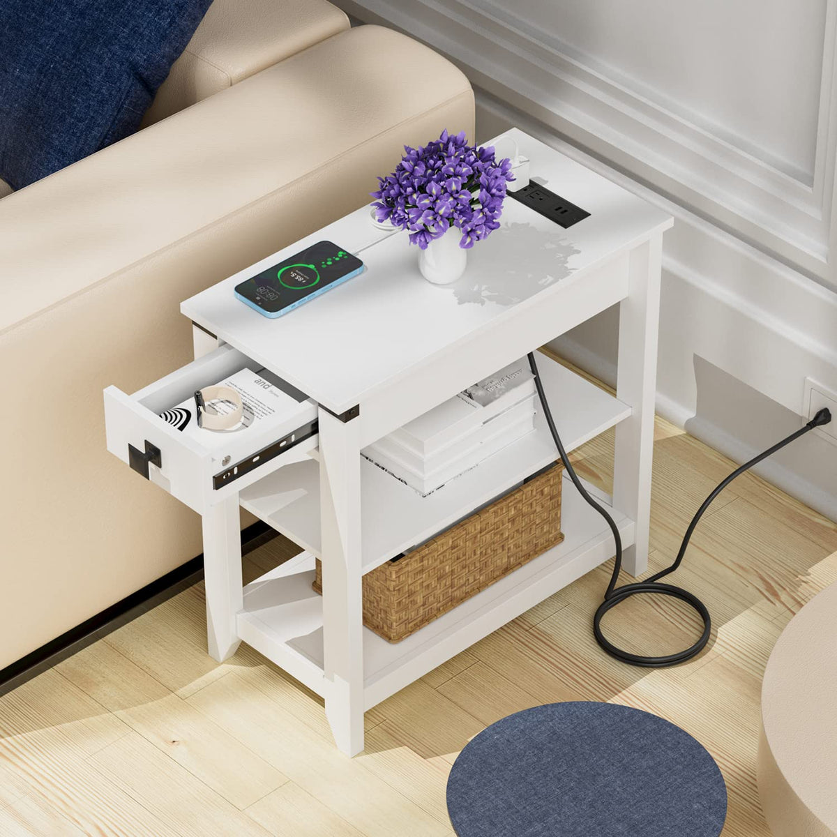 HOSEOKA Narrow End Table with Charging Station, Side Table with USB Ports and Outlets, Nightstand for Small Spaces, Slim Sofa Side Table with Storage Drawer for Living Room, Bedroom, White