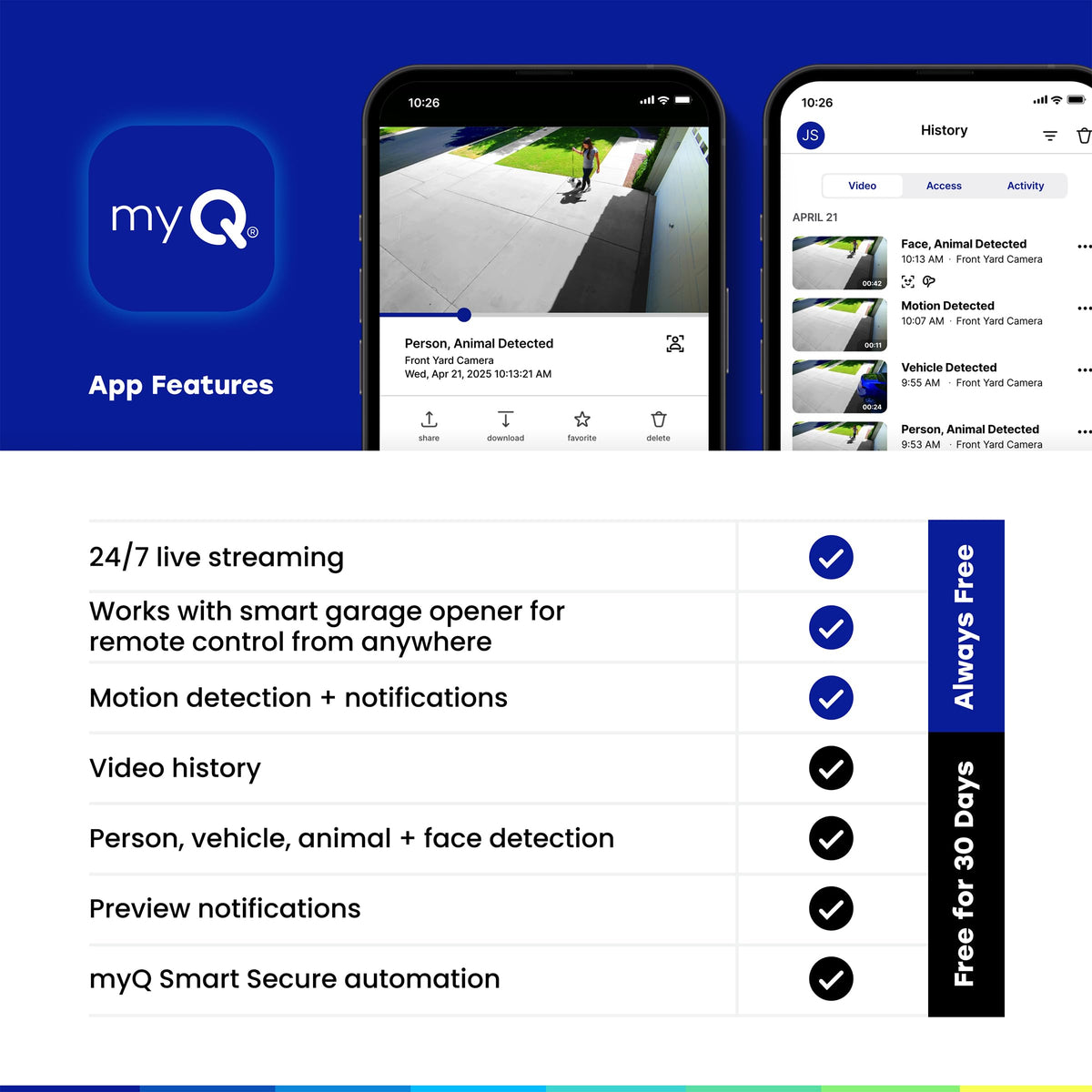 myQ Outdoor Battery Camera | 2K Camera, Color Night Vision, Spotlight, Motion Alerts, Live View with Two-Way Talk, Wireless, Weather-Resistant, Outdoor, White, 4 Pack