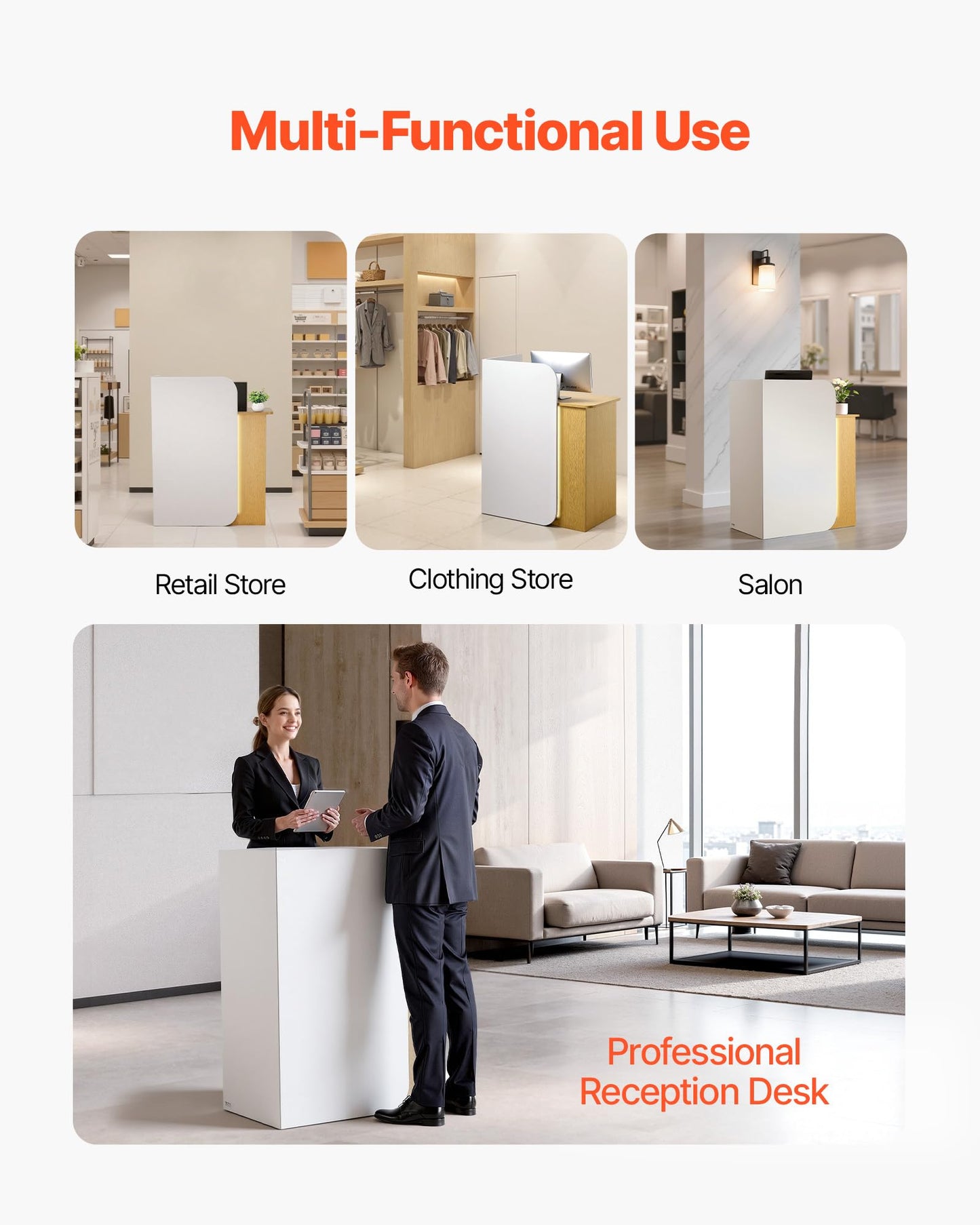 VEVOR Reception Desk, 31.5 inch Rectangular Front Counter Table, Modern Office Reception Desk with LED Light, 2 Drawers & Power Outlets, Retail Counter Table for Checkout, Lobby, Beauty Salon, Office