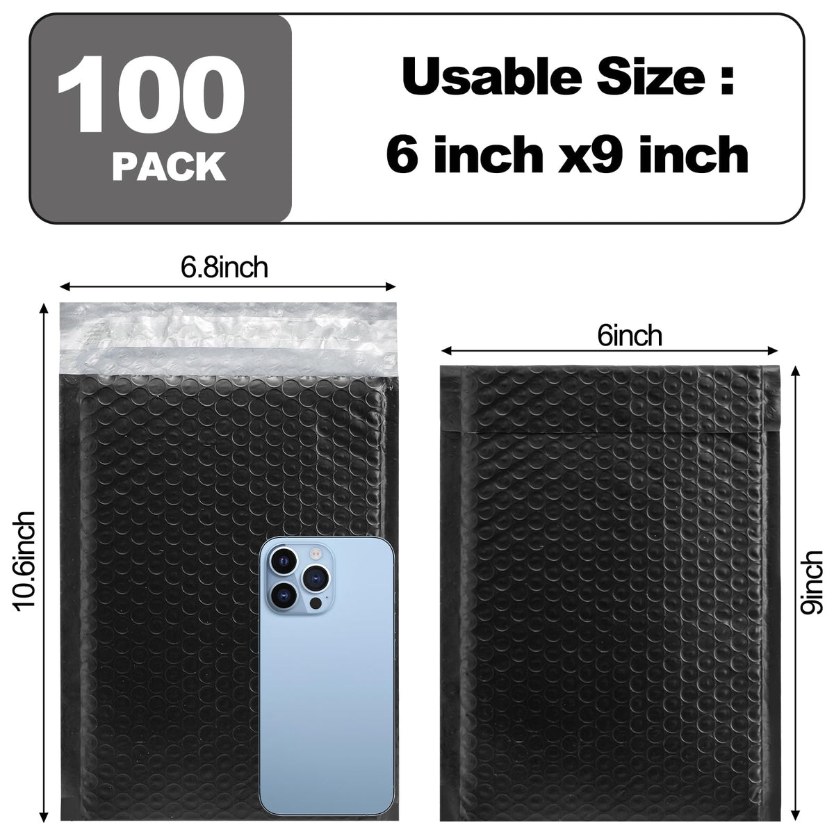 Nicunom 100 Pack Bubble Mailers 6x10", Usable Size 6x9" Self Seal Padded Envelopes Opaque Poly Wrap Bubble Bags Waterproof Shipping Bags for Small Business Mailing Makeup Jewelry Gifts, Black