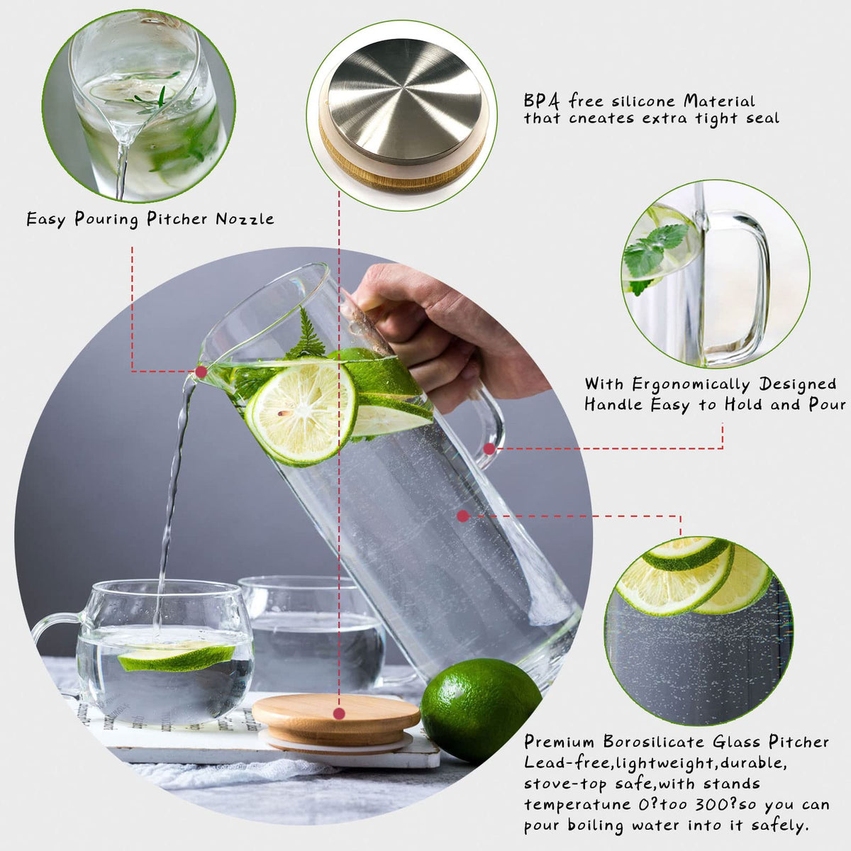 hjn Glass Pitcher with Lid Glass Water Carafe with Handle, Fridge Water Jug Cold or Hot Beverages, Iced Tea, Milk, Juice 1500ml/51oz &