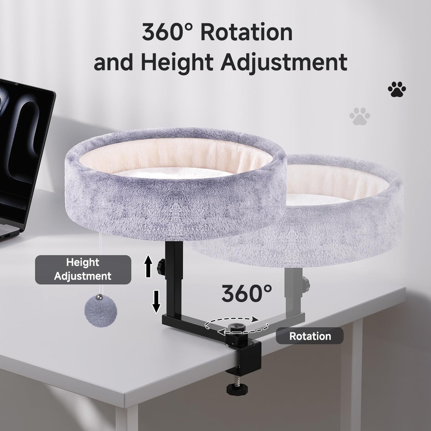 Chumajor Cat Desk Bed - 360° Rotating & Adjustable, Supports 50 lbs, Soft Faux Fur with Dual-Sided Reversible Mat, Modern Indoor Cat Nest Furniture for Office Desks and Game Tables, Island Table