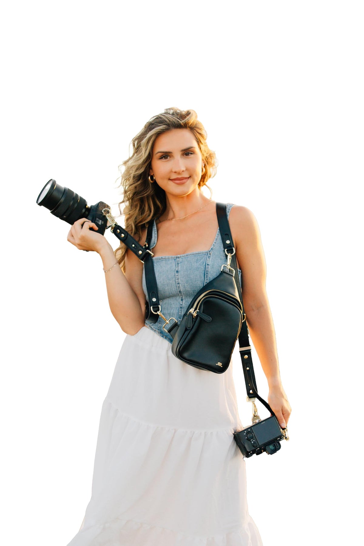 rr ruby+rae The Duo Camera Harness & Crossbody Bag – Double Camera Harness with Removable Crossbody Bag, Vegan Leather, Protective Suede Interior, Black