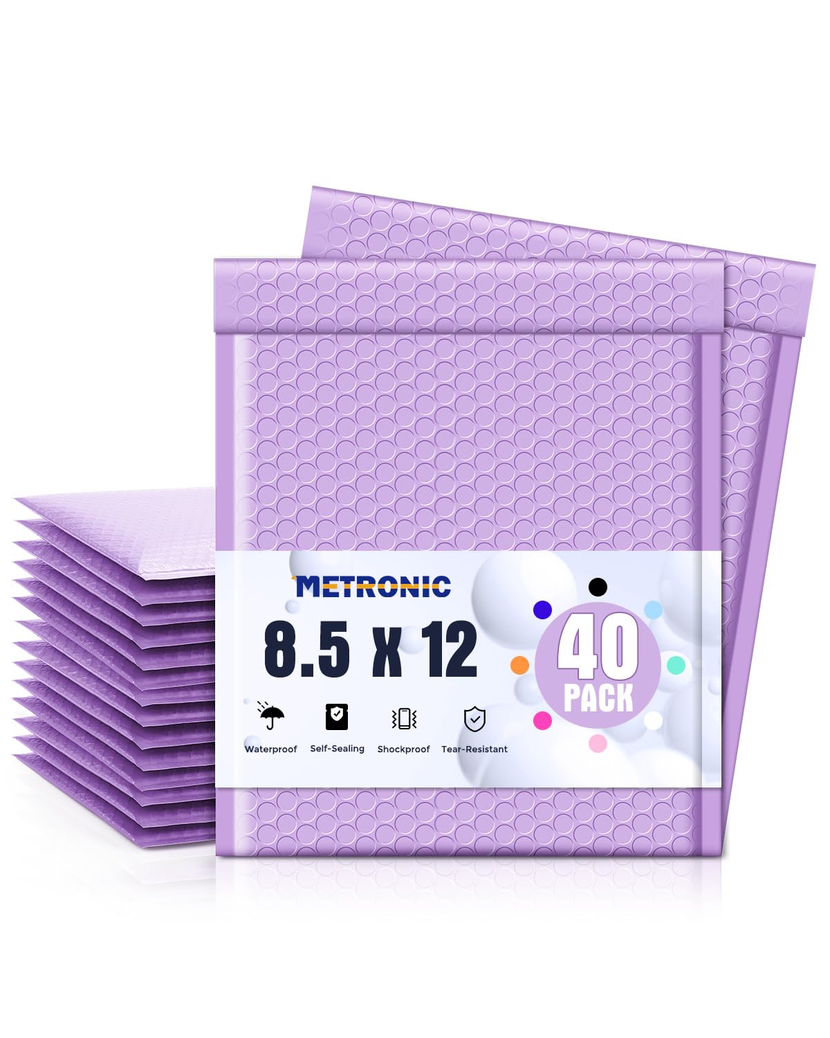 Metronic Bubble Mailers 8.5 x 12 Inch 40 Pack Light Purple Usable Size 8.5x11 Bubble Mailer Waterproof Padded Envelopes for Packaging, Mailing, Shipping, Lavender Bulk