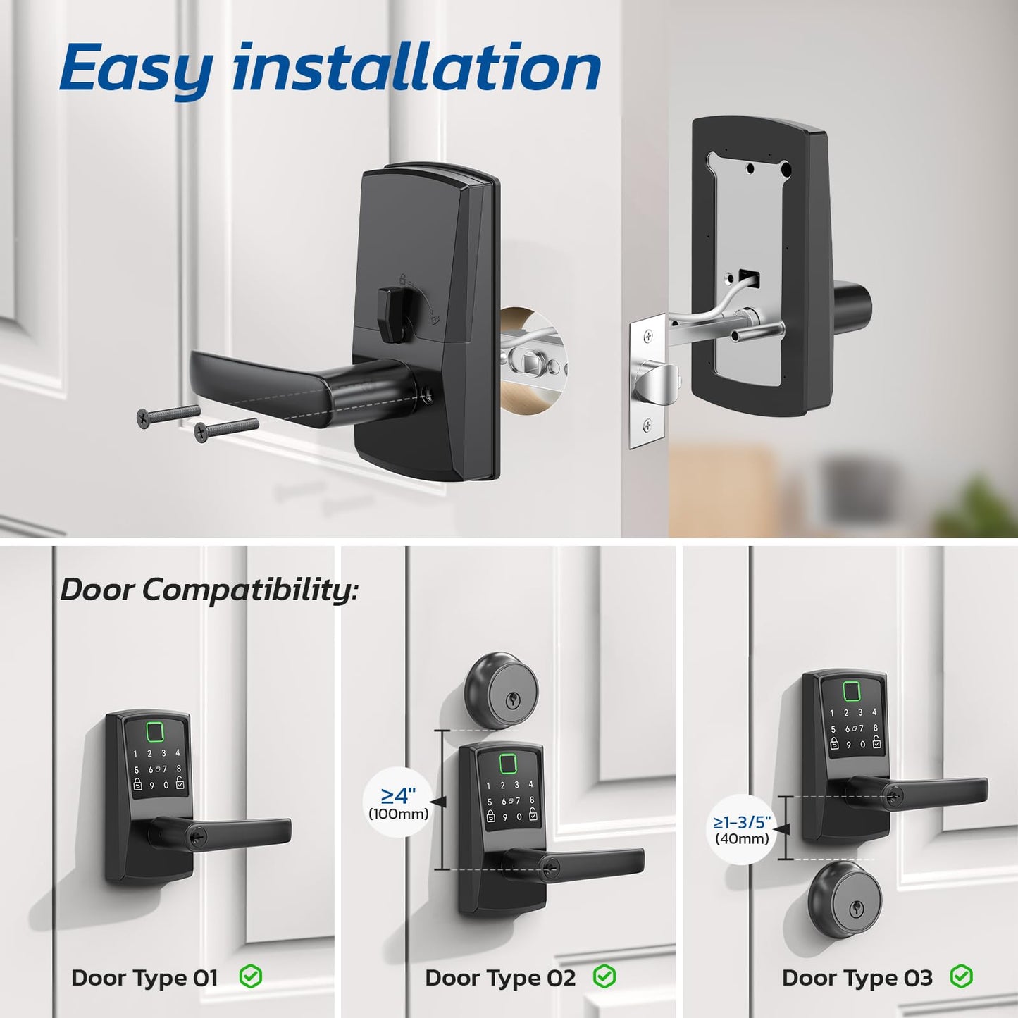 Keypad Smart Door Lock with Handle, Fingerprint Keyless Entry Digital Lock for Front Door,Nyboer Electronic Code Knob, Matte Black, Modern Style, Easy Installation,Deadbolt Alternative