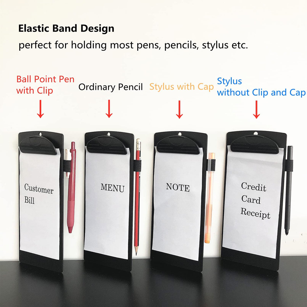 Vinseen Plastic Clipboard and Pen Loop Set, for Memo, Menu, Credit Card Receipt, Black, 4x9in, 6-Pack