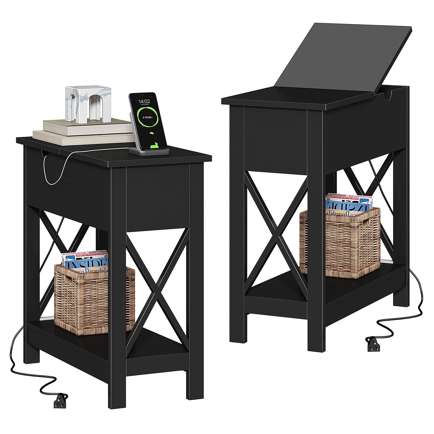 ChooChoo End Table with Charging Station, Narrow Flip Top Side Table with USB Ports & Power Outlets for Small Spaces, Nightstand Sofa Table for Living Room, Bedroom, Black, 2 Pack