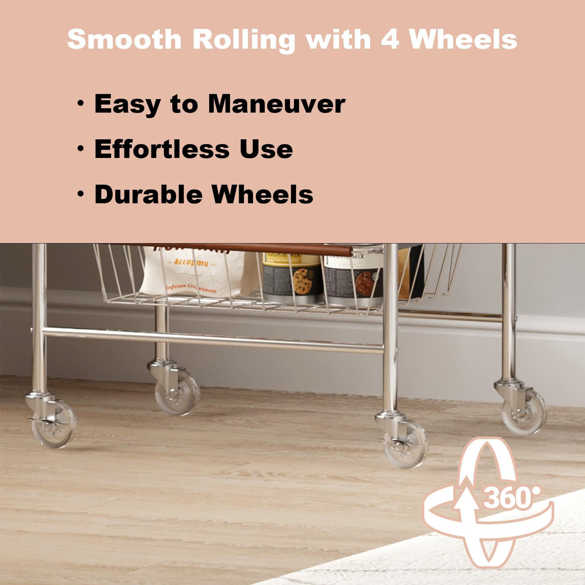 pochoio 5-Tier Rolling Cart for Storage and Organization - Heavy-Duty Carbon Steel Storage Trolley with Pull-Out Wire Baskets & Wood Top | Utility for Kitchen,Living Room,Office,Pantry,5.5x11x35inch