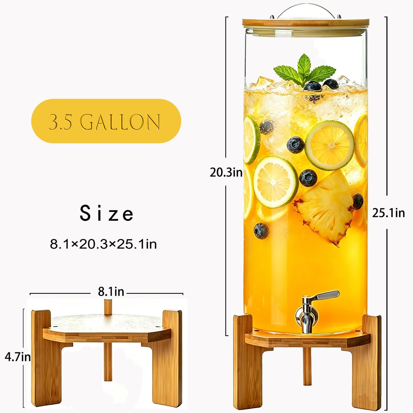 Beverage Dispenser,3.5 Gallon Glass Drink Dispenser with Stand,Stainless Steels Drink Dispenser Spigot,Drink Dispensers for Parties,Beverage Dispenser with Stand for Bars,Restaurants