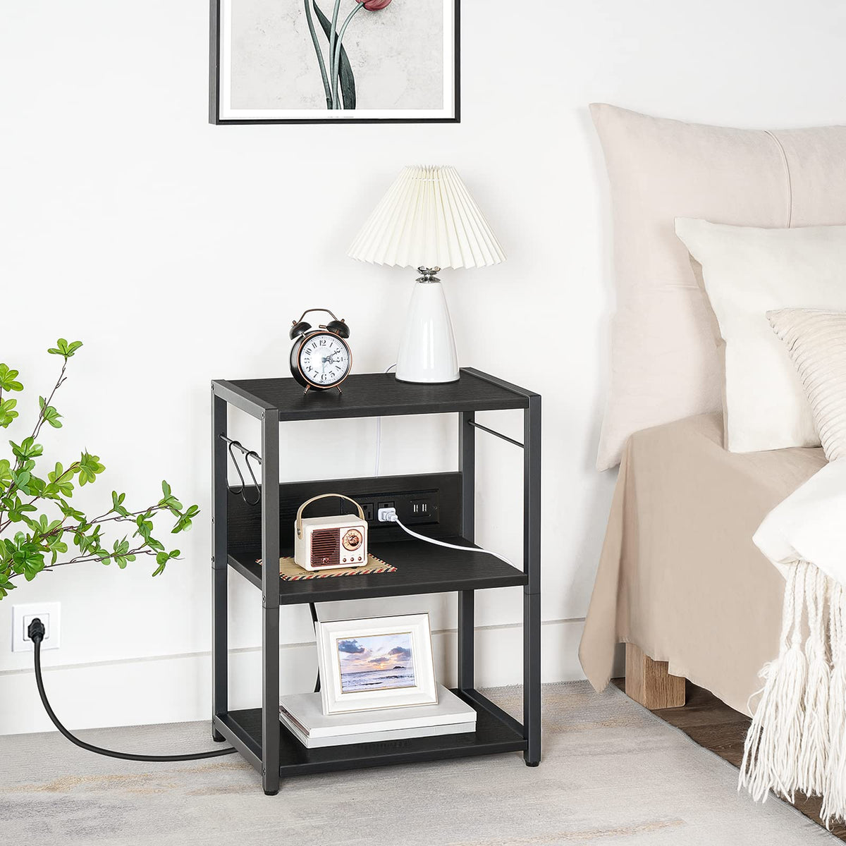 MAHANCRIS Industrial Printer Cart, 3-Tier Mobile Printer Stand, Rolling Cart with Power Outlets and USB Ports, Home Printer Stand with 2 Hooks, for Office, Living Room, Black PTHB40E01