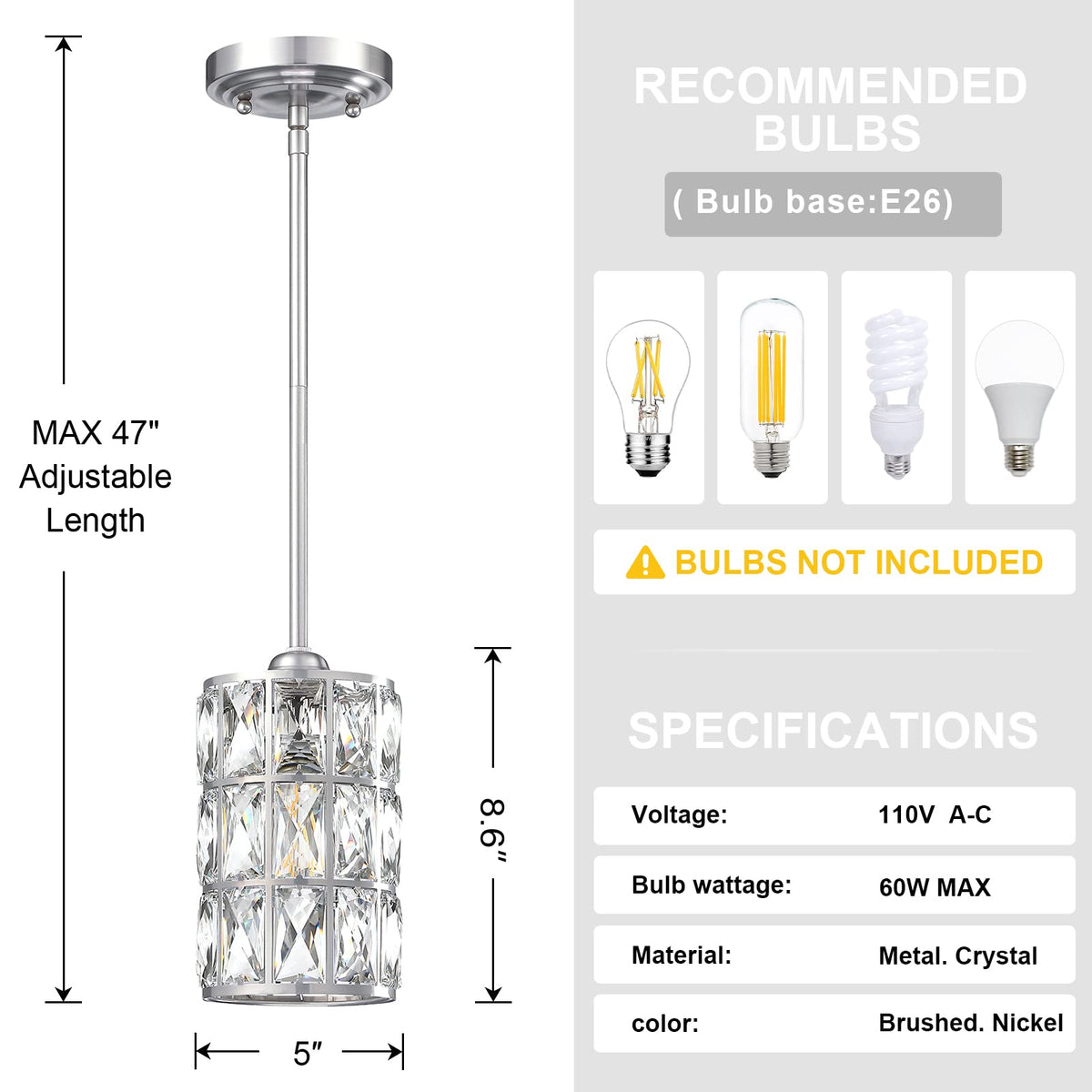 2 Pack 1 Light Hanging Kitchen Island 5" Crystal Pendant Light Modern Pendant Light Fixture Brushed Nickel Finish with Crystal Shade for Bar,Dining Room,Corridor,Living Room Over Sink