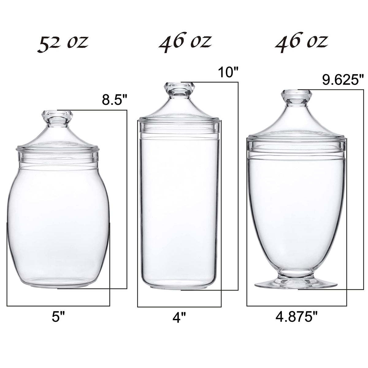 Amazing Abby - Adore - Plastic Apothecary Jars (3-Piece Set, 52/46/46 oz) (NOT Glass), Acrylic Jars with Lids, Bathroom Canisters, Candy Buffet, Wedding Display, BPA-Free and Shatter-Proof