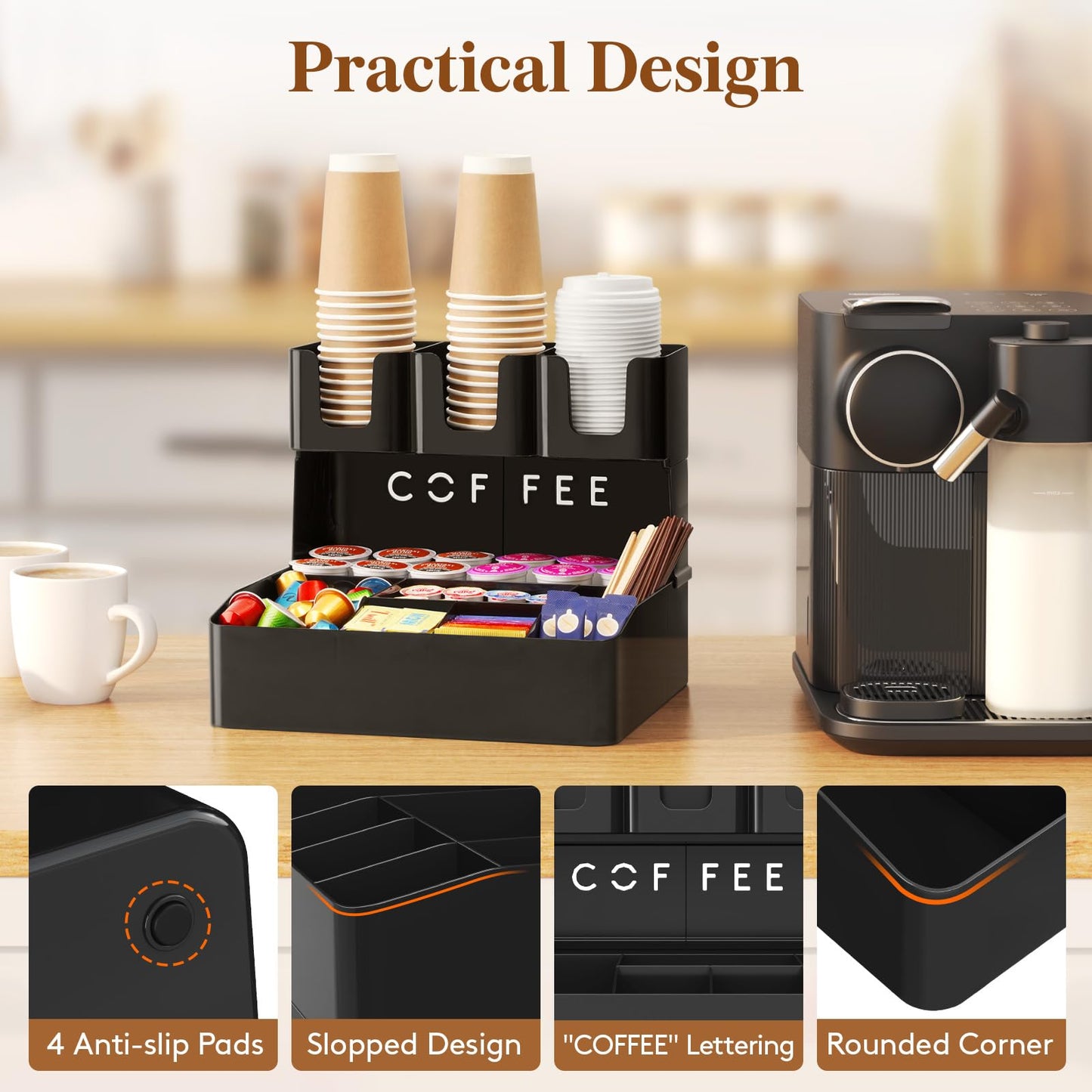 Lifewit 2-tier Coffee Station Organizer Caddy for Countertop, 10 Compartments Coffee Bar Organizers for Cups, Pods, Sugar, Compact Condiment Holders Storage for Office Breakroom Kitchen Home Black