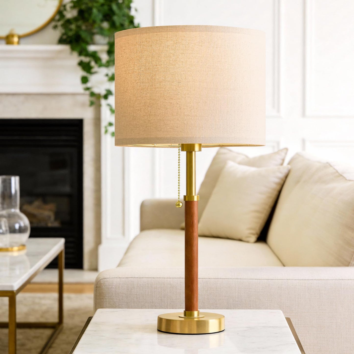 G-SAFAVA 22" Wood Table Lamps Mid Century Modern Lamp for Bedroom Living Room Bedside Lamps for Night Stands Nightstand Lamp with Pull Chain Gold Small Side End Table Lamps Set of 2 Vintage Deco Gifts