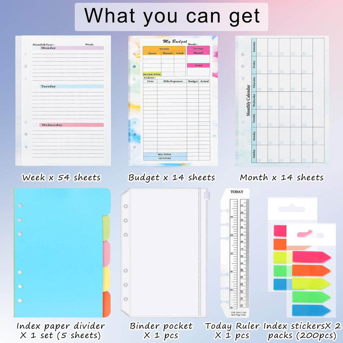 Toplive 7 Pack A5 Planner Inserts Monthly Weekly Planner Refills Paper 6 Ring Expense Budget Sheets with Cash Envelopes Divider Ruler Stickers, for A5 Planner Binder Cover, Colorful