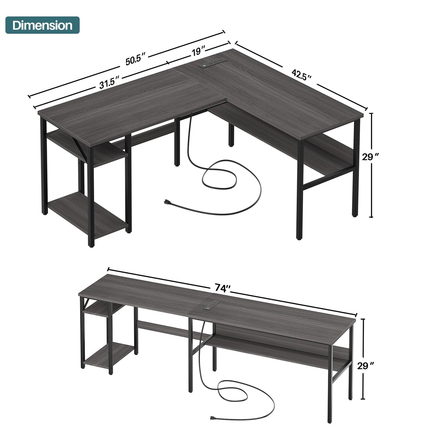 Unikito Reversible L Shaped Desk with Magic Power Outlets and USB Charging Ports, Sturdy Corner Computer Desk with Storage Shelves, Gaming Table Home Office Desk, Easy to Assemble, Enoch Walnut