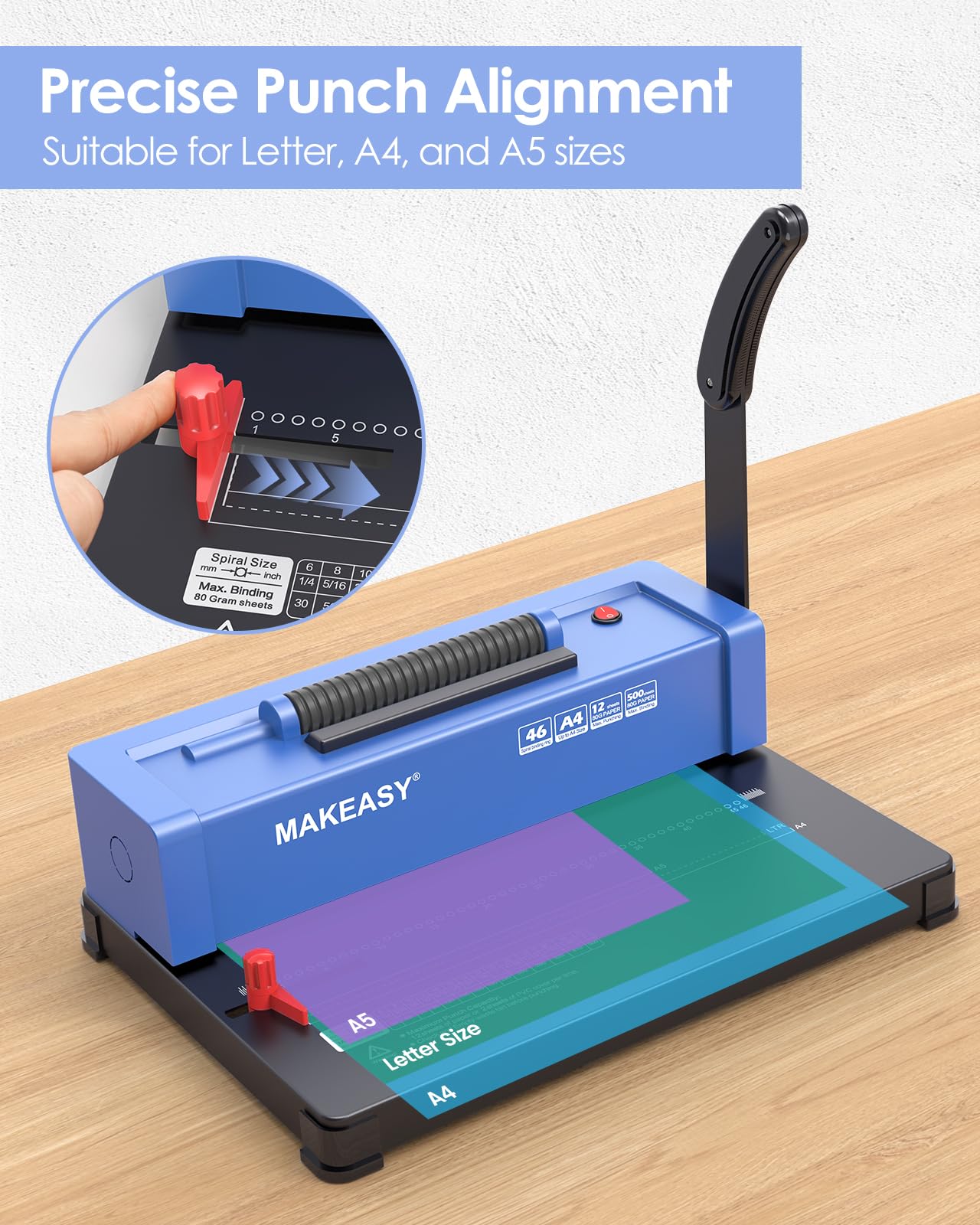 MAKEASY Spiral Binding Machine, 4:1 Pitch, 12 Sheets Punch Capacity, Electric Coil Insert, Book Binder Machine for A4/A5/Letter Size Paper, Comes with 100 pcs 5/16'' Coils & Pliers