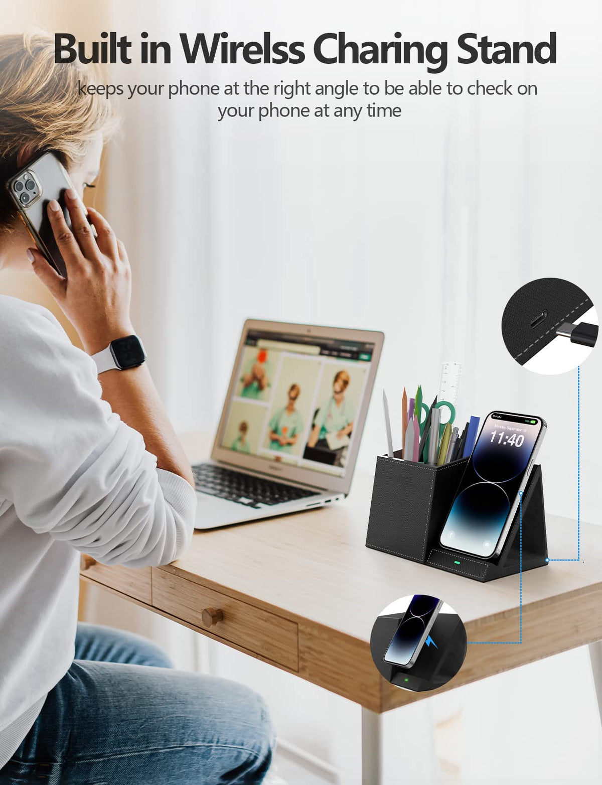 Desk Supplies Organizer, Multi-Functional Pencil Pen Holder with Wireless Charger, Desktop Stationery Organizer, Home Office Supply Storage Box Caddy (Black)