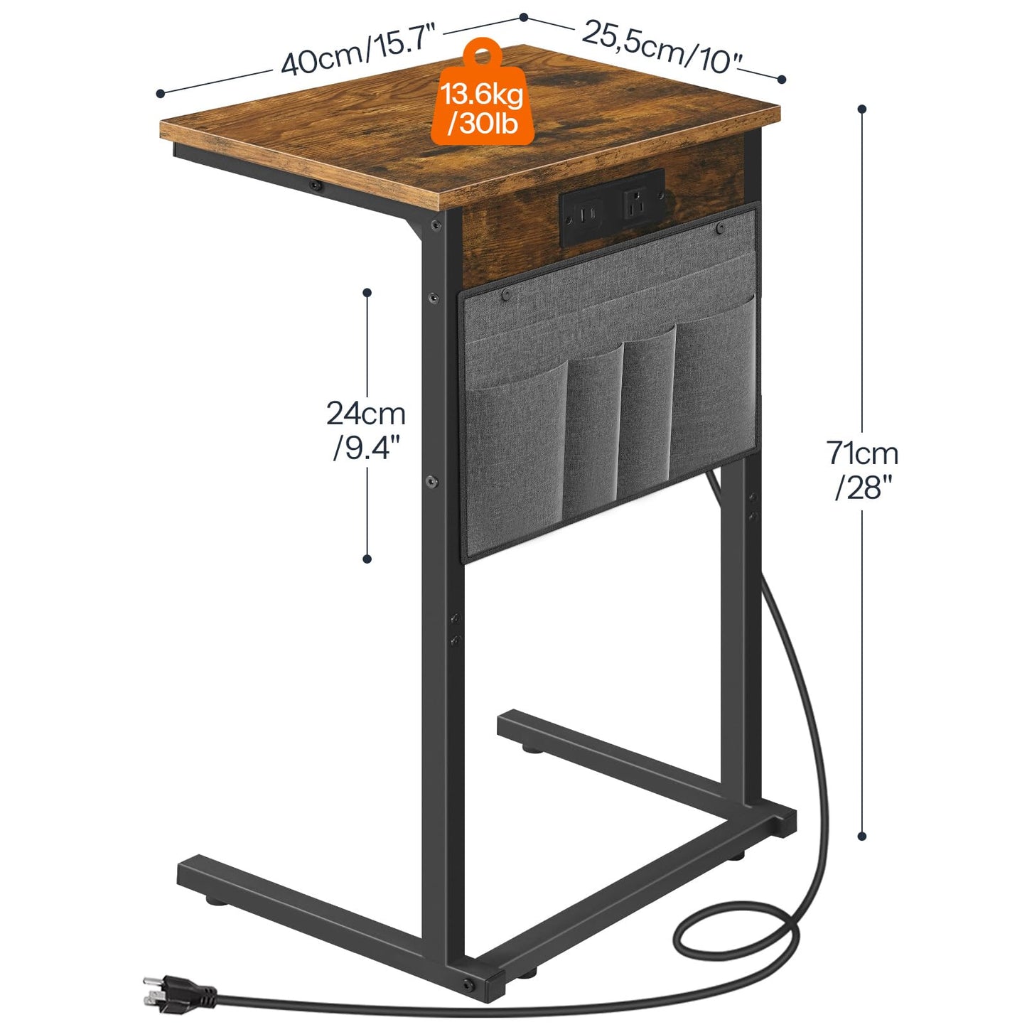 HOOBRO C Shaped End Table with Charging Station, 28" H Couch Side Table Slide Under, Sofa Arm Tray Table with Storage Bag for Living Room, Recliner, Rustic Brown BF70USF01
