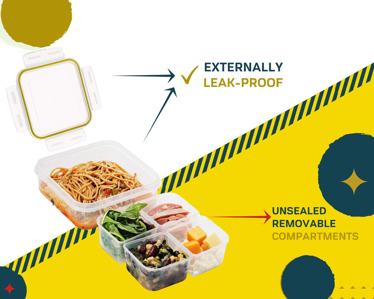 Komax Biokips Foodsaver Set, Square Lunch Box Containers with 4 Removable Compartments of 700ml (23.6 oz), Pack of 5
