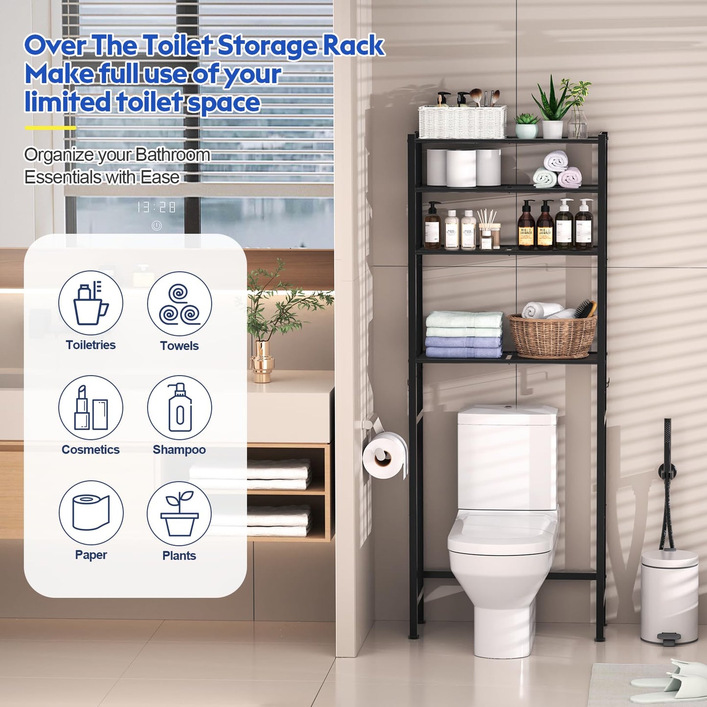 samstar 4 Tier Over The Toilet Storage Rack, Bathroom Organizer Shelves Cabinet Above Toilet, with Adjustable Height Freestanding Shelf Space Saver, Black