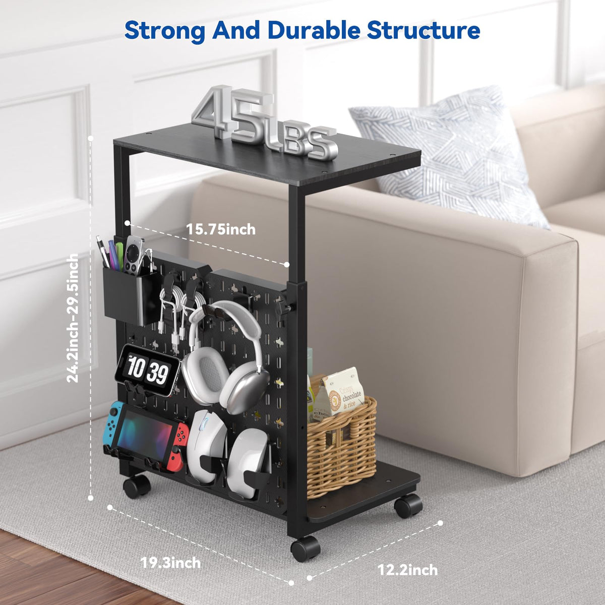 Computer Tower Stand with Pegboard Organizer, Height Adjustable 2-Tier PC Tower Shelf for Floor with Accessories, CPU Holder Cart with Locking Wheels for Most PC Gaming Home Office, 24.2-29.5"