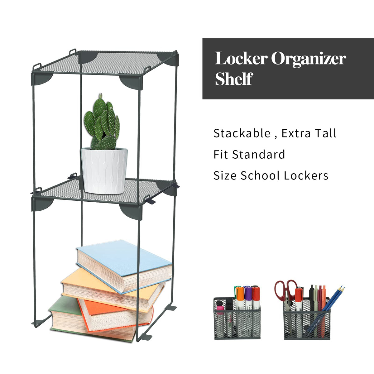 Neudeco Locker Accessories and Decor Kit, Including Mesh Shelf, Organizer, Magnetic Basket and Pen Holder, Suitable for School, Work, Kitchen, Bathroom, (Pack of 4, Grey)