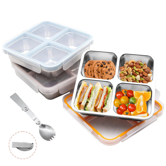 Luriseminger 3 Pack Stainless Steel Bento Lunch Box, 4 Compartment Snack Containers, Divided Meal Prep Lunch Containers, Food Storage Containers For Work and Travel